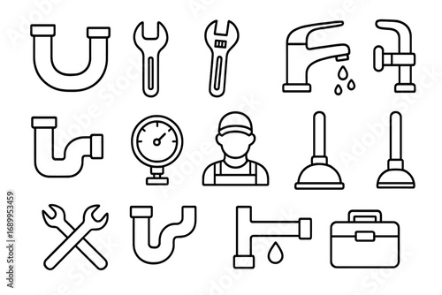 Plumbing service outline icon set. Plumber tools, pipe repair and maintenance symbols. Vector collection for waterworks, drainage, and sanitation. Faucet, wrench, plunger.