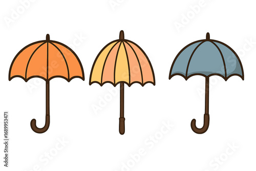 Set of three colorful umbrellas. Vector cartoon illustration of parasols in orange, yellow and blue. Simple outline icon for graphic design, web, rain or sun protection.