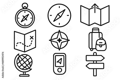 Travel and navigation line icon set. Vector collection of outline signs for exploration, journey, and direction. Compass, map, globe, GPS, and luggage symbols for web design.