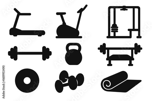 Gym equipment icons set for fitness and workout. Vector silhouette illustration of exercise tools. Dumbbell, barbell, kettlebell, treadmill, and yoga mat symbols.