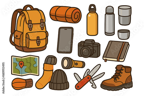 Hiking and camping equipment essentials set. Vector cartoon illustration of backpack, boot, map, and other adventure items. Outdoor travel gear for backpacking and exploration.