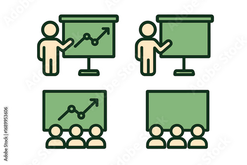 Presentation icon set. Business meeting with speaker and audience. Seminar, conference, training concept. Presenter with growth chart for data analytics, financial report, and strategy.