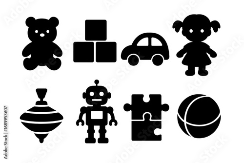 Classic toys silhouette icon set. Vector collection for childhood themes. Includes teddy bear, blocks, car, doll, spinning top, robot, puzzle, ball. Flat design elements.