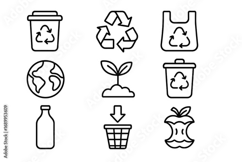 Recycling and waste management outline icon set. Eco-friendly, clean vector collection. Ecology, sustainability, zero waste and environment concept. Earth, trash can, compost.