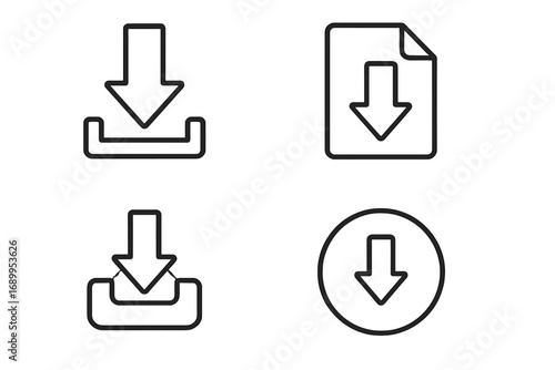 Download icon set. Arrow down symbol collection for web and mobile app. UI UX interface design elements. Save file, import data, and load button graphic vector signs.
