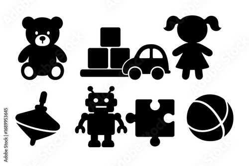 Classic toys icon set. Vector silhouette collection for kids. Includes bear, blocks, car, doll, spinning top, robot, puzzle piece, and ball. Simple childhood play objects.