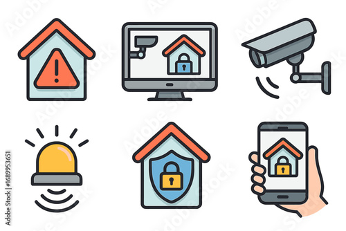 Home security icon set. Smart home safety system with camera surveillance, alarm alert, and mobile app control. Vector illustration for protection, monitoring, and privacy concepts.