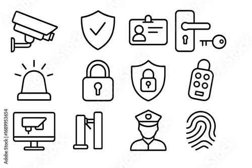 Security and access control line icon set. Thin outline symbols for safety and protection. Includes CCTV, alarm, lock, key, guard, id card, fingerprint and turnstile vector icons.
