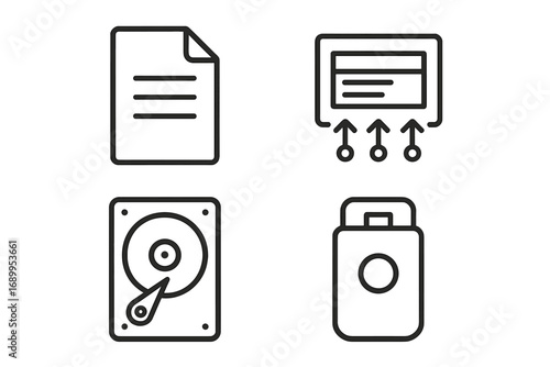 File document linear icon set. Digital data, hard drive, USB and storage outline collection. Vector concepts for information technology, data transfer, backup and archive.