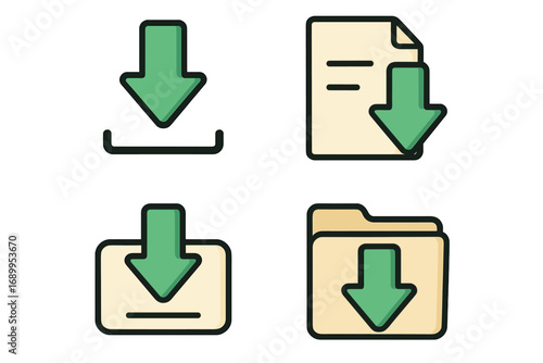 Download icon set vector collection. Save file button and import document symbol. Data transfer arrow for web and app. Modern flat cartoon UI UX design graphic element pack.