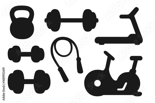 Gym equipment silhouette icon set. Vector collection for fitness and workout themes. Dumbbell, barbell, kettlebell, treadmill, exercise bike and jump rope for cardio and strength.