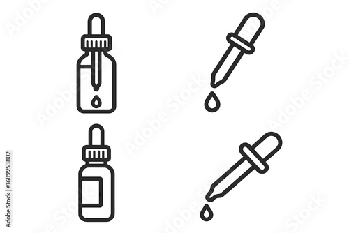 Dropper bottle and pipette line icon set. Essential oil, cosmetic serum, and medicine dropper vector symbols. Skincare liquid, beauty treatment concept. Outline pictogram collection.