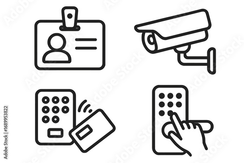 Security and access control line icon set. Vector symbols for identification, surveillance, and door entry. Includes ID badge, CCTV camera, keypad lock, and RFID keycard.