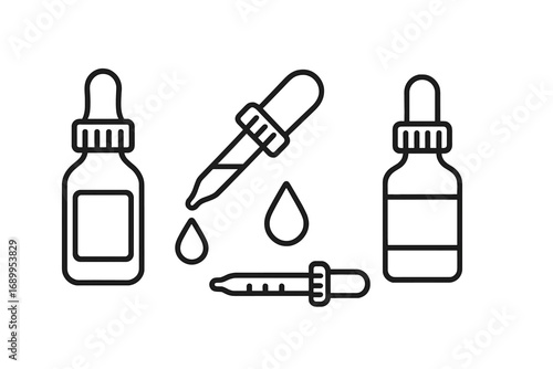 Vector icon set of dropper bottles and pipettes. Line art illustration for essential oils, serum, and cosmetics. Medical or laboratory liquid dropper and drop symbols collection.