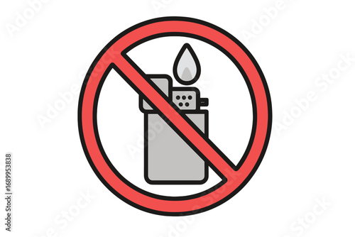No lighter sign icon. No open flame symbol. Flammable materials prohibited. Fire hazard warning pictogram. Stop ignition danger sign for safety. No smoking area vector concept.