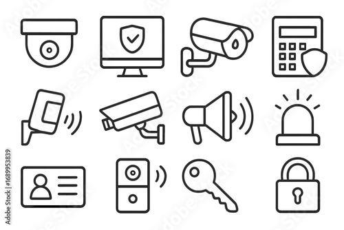 Security system line icon set. Surveillance, CCTV, and protection concepts. Vector collection of outline icons for safety, alarm, access control, and video monitoring equipment.