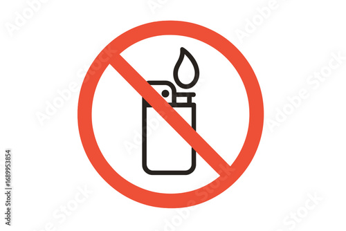 No lighter sign. No open flame symbol. Fire is prohibited vector icon. Warning danger flammable area. Red forbidden circle. For web, apps, banners. Cartoon illustration.