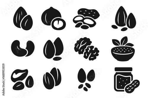 Nuts and seeds glyph icon set. Vector silhouette collection. Healthy food, snack, diet. Almond, walnut, pistachio, cashew, peanut butter. Modern minimalist design elements.