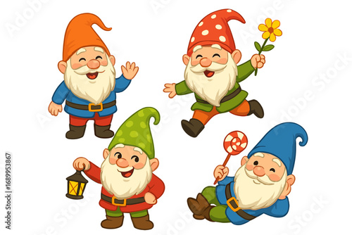 Set of four cute garden gnomes. Playful fantasy characters in various poses. Funny dwarf mascots for festive decoration. Vector cartoon illustration of elves with accessories.