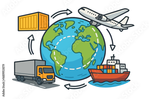 Global logistics network with land, sea, air transport. Supply chain management concept. Worldwide shipping. Freight delivery by truck, cargo ship, airplane. International trade.