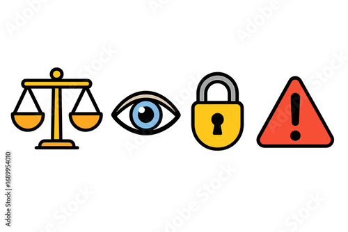 Legal and security icon set. Justice scales, surveillance eye, privacy lock, and risk alert symbols. Concept for compliance, data protection, law, and internet safety vector.