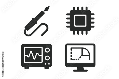 Engineering tools icon set. Solid glyph vector collection of electronic symbols including soldering iron, microchip, oscilloscope, and CAD design software on a computer monitor.