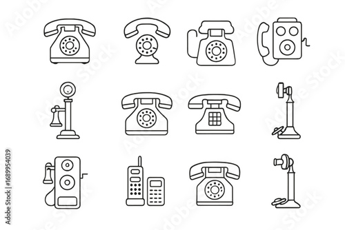Vintage phone thin line icon set. Retro telephone collection. Rotary dial, candlestick, wall-mounted, cordless phones. Old communication technology vector outline signs.