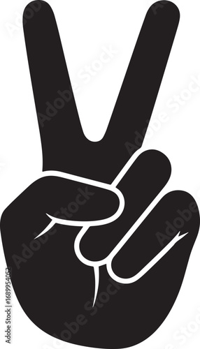 A black and white hand holding up a peace sign against a white background.