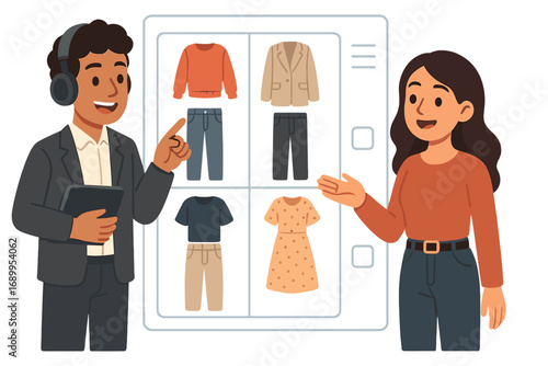 Virtual stylist offering personal shopper service. Man with headset consulting woman on fashion, helping choose clothes in an online store app. E-commerce technology vector concept.