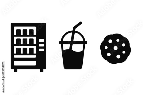 Vending machine, snack and drink icon set. Silhouette vector illustration of a cookie and beverage. Simple minimal graphic symbols for fast food, junk food or automat concepts.