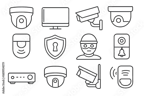 Security and surveillance line icon set. Home safety and protection system symbols. CCTV camera, monitor, motion sensor, doorbell, alarm and burglar. Video monitoring equipment.