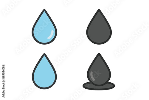 Water drop and oil drop icon set. Raindrop and crude oil symbol collection. Vector cartoon illustration. Liquid, aqua, petroleum, fuel, droplet icons for graphic design.