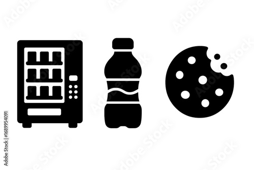 Snack and drink silhouette icons. Vending machine, beverage bottle, and bitten cookie vector set. Concept for convenience store, junk food, automated retail, and refreshment.