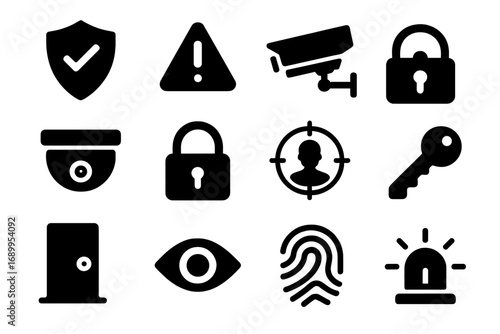 Security and surveillance solid icon set. Protection and safety concept. Vector glyphs. Cctv camera, lock, key, alarm siren, fingerprint biometrics, access control, shield.