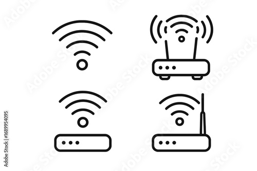 WiFi and router outline icon set. Vector internet connection symbols. Wireless technology, network signal, modem, and hotspot graphic elements for web design and mobile apps.