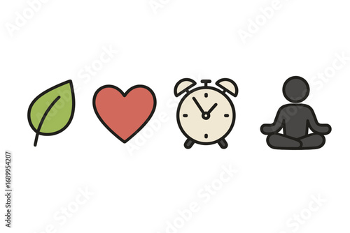 Life balance icons. Nature, love, time, mindfulness. Health, work, relax concept. Leaf, heart, clock, yoga person symbols. Wellbeing, priority, mental health vector set.