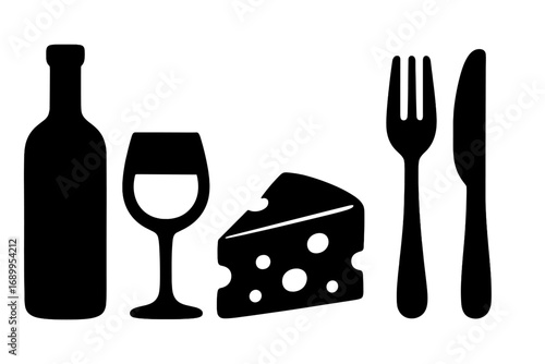 Wine and cheese tasting icon set. Vector silhouette illustration of bottle, glass, fork, knife. Culinary symbols for restaurant menu, gourmet food, bar or winery design.