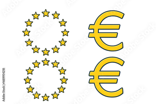 European Union flag stars circle and Euro currency symbol vector icon set. EU financial and political signs. Europe money and economy concept flat graphic design element.