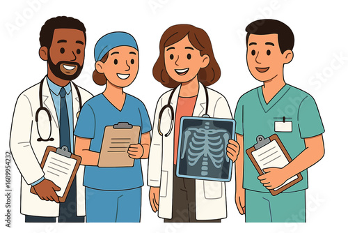 Diverse medical team of doctors and nurses discussing diagnosis. Healthcare professionals with x-ray and charts. Hospital staff teamwork concept. Cartoon vector illustration.