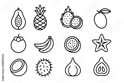 Exotic fruit outline icon set. Tropical fruits linear icons collection. Vector cartoon illustration of papaya, pineapple, dragon fruit, mango, banana, coconut, passion fruit.