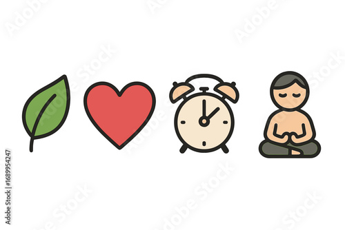 Nature love time mindfulness icon set. Concept of life balance, wellbeing, health. Leaf, heart, clock, yoga meditation symbols. Vector illustration for self-care, healthy lifestyle.