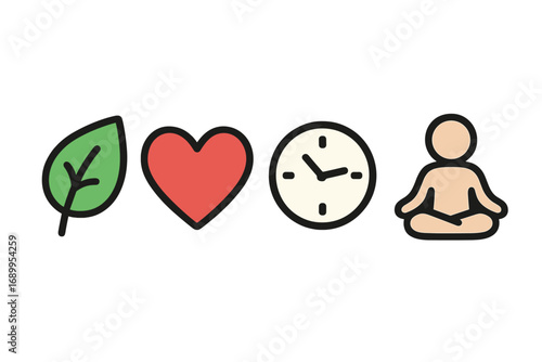 Mindfulness and work-life balance concept. Icons of meditation, time, love, and nature. Healthy lifestyle symbols for yoga, zen, spirit, heart, clock and leaf. Vector set.