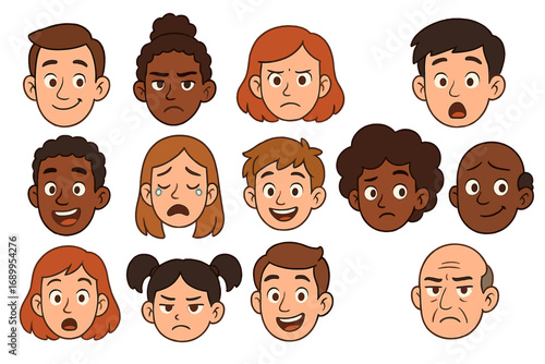 Set of diverse cartoon character heads. People faces with various emotions like happy, sad, angry. Vector illustration kit for character design, animation and storytelling projects.