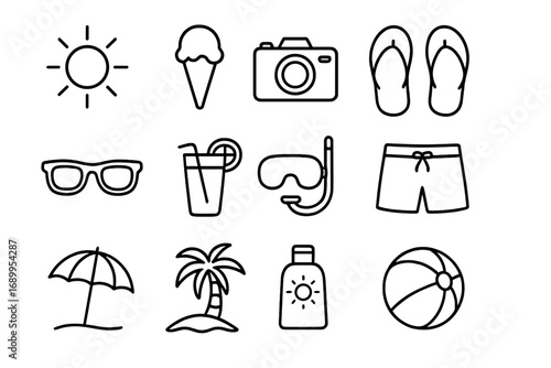 Summer beach vacation line icon set. Holiday travel essentials outline symbols. Sun, palm tree, flip flops, sunglasses, ice cream, camera simple vector graphic collection.