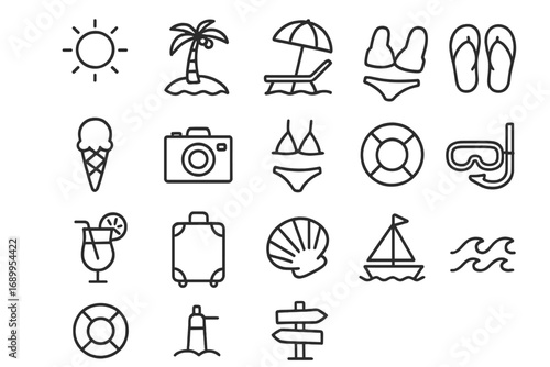 Summer beach outline icon set. Vacation and travel icons in a simple line style. Vector illustration for web and app. Sun, sea, palm, cocktail, and holiday symbols.