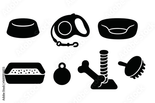 Pet shop accessories icon set. Vector silhouette collection of cat and dog care supplies. Includes bowl, leash, bed, bone, litter box, tag, scratcher, and brush elements.