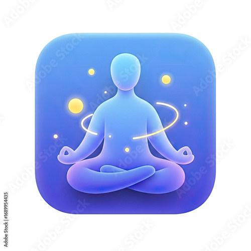 A blue and purple 3D icon of a person meditating with a starry background.