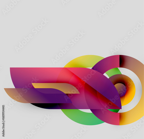 Abstract composition. Overlapping colorful shapes create dynamic visual effect. Gradients, curves, lines define modern design.
