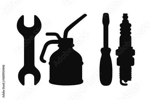 Mechanic tools silhouette vector set. Wrench, oiler, screwdriver, spark plug icons for car repair service. Automotive maintenance and workshop equipment illustration concept.