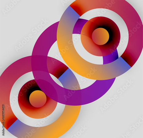 Abstract circles overlap, creating vibrant color gradients. Purple, orange, blue hues dominate composition. Modern design element.